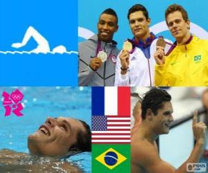 yapboz Podyum Yüzme Erkekler 50 metre serbest, Florent Manaudou (Fransa), Cullen Jones (ABD) ve Cesar Cielo (Brezilya) - Londra 2012-